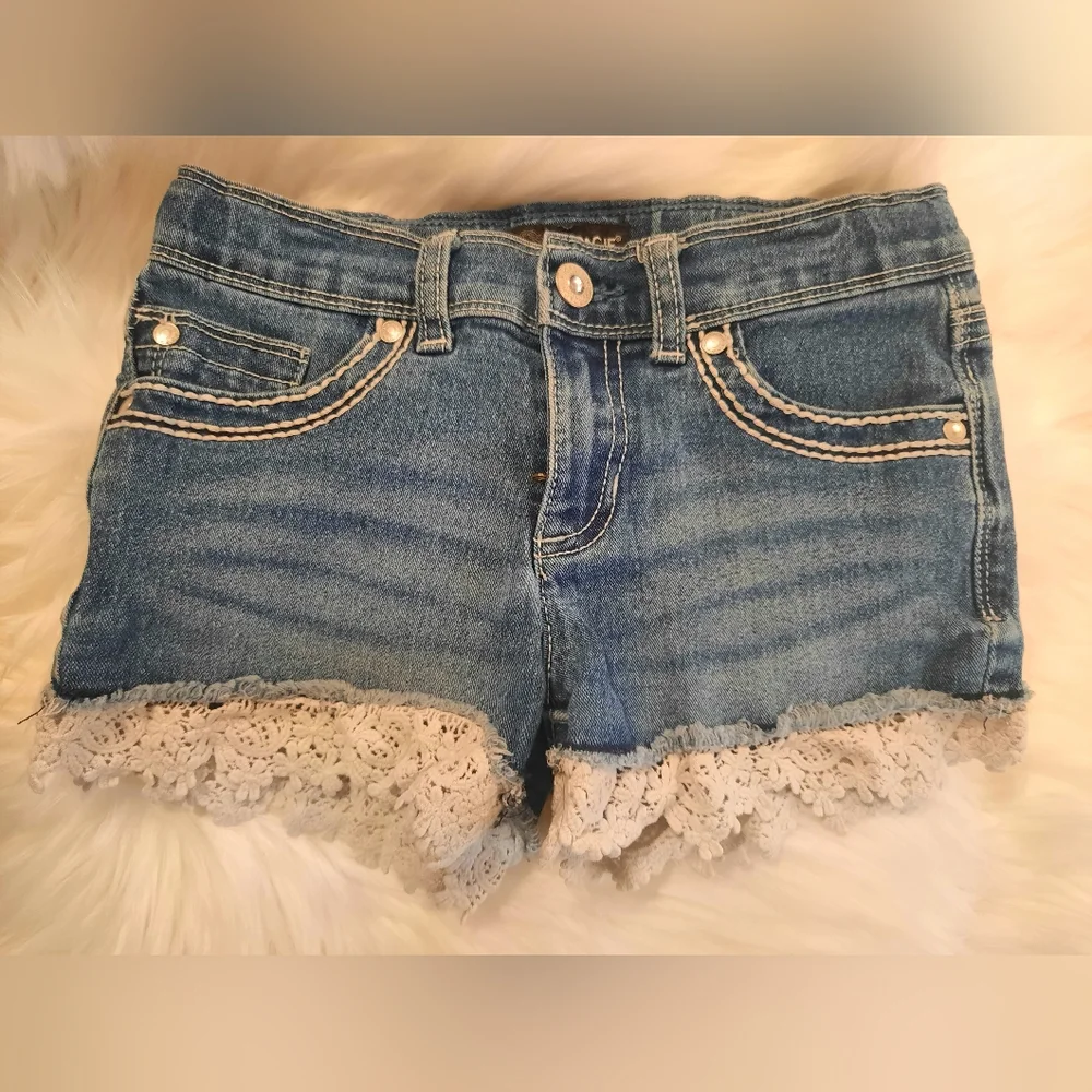 Denim Jean Shorts - White Crochet Trim Jordacie - Girls Size 8